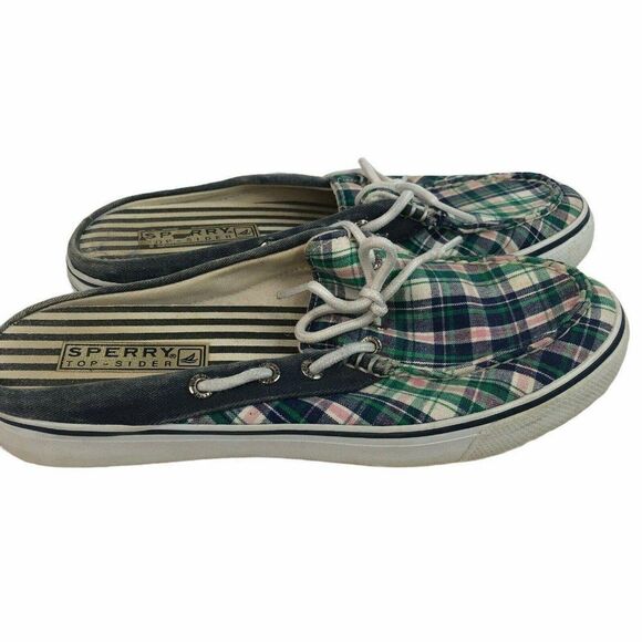 Womens Size 8 Plaid Sperry Slides Slip On Shoes Pink Blue Green - Picture 3 of 7